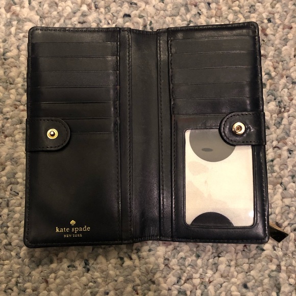 Kate Spade Darcy Slim Bifold Wallet 12 Card Slots Gold Black Polka Dot - Picture 2 of 14